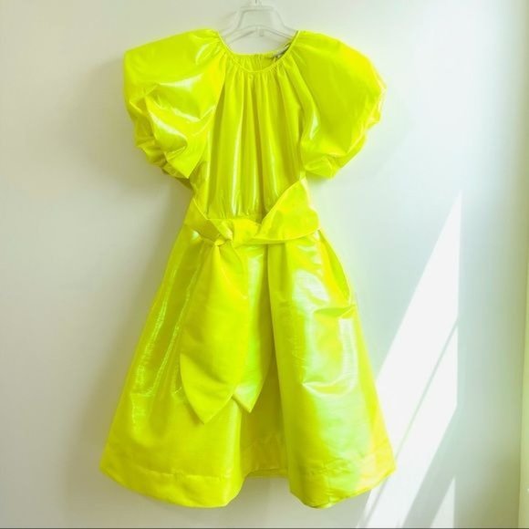 Christopher Rogers Woman Yellow Midi Dress XXS Volume Iridescent Puff Sleeve New - Picture 6 of 17
